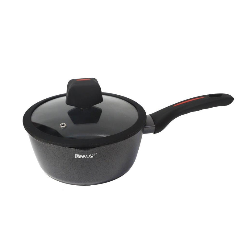 Black Granite Non Stick Marble Coated Die Cast Aluminium Saucepan with Lid  Induction Silicone Handle  20 cm