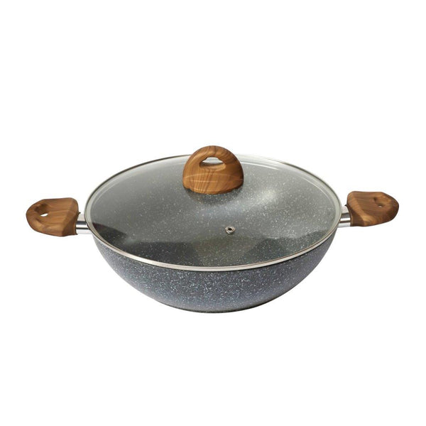 Grey Granite Non Stick Marble Coated Die Cast Forged Aluminium Kadahi Induction Wooden Handle  30 cm