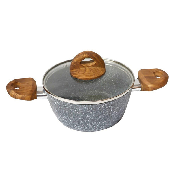 Grey Granite Non Stick Marble Coated Die Cast Forged Aluminium Casserole Induction Wooden Handle  16 cm