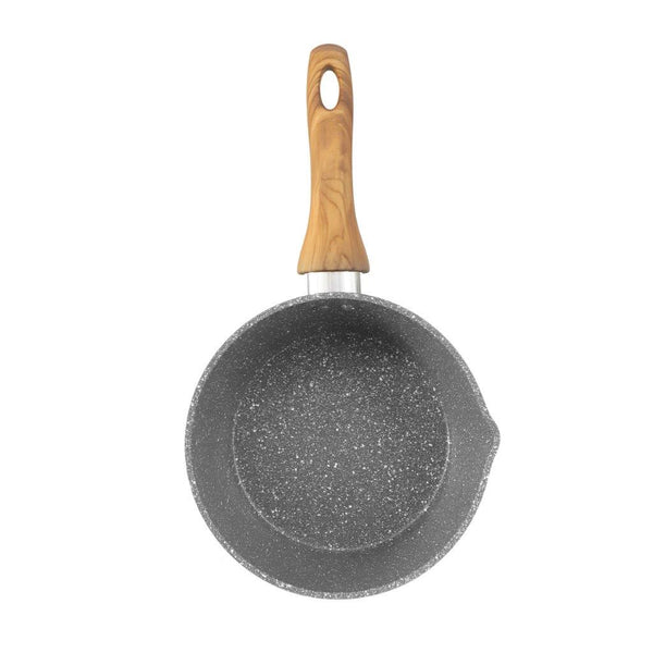 Grey Granite Non Stick Marble Coated Die Cast Forged Aluminium Milk Pan Induction Wooden Handle  16 cm