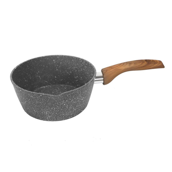 Grey Granite Non Stick Marble Coated Die Cast Forged Aluminium Milk Pan Induction Wooden Handle  18 cm