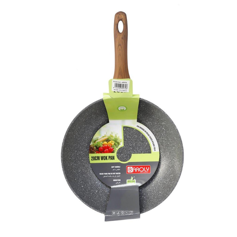 Grey Granite Non Stick Marble Coated Die Cast Forged Aluminium Wok Pan Induction Wooden Handle  24 cm