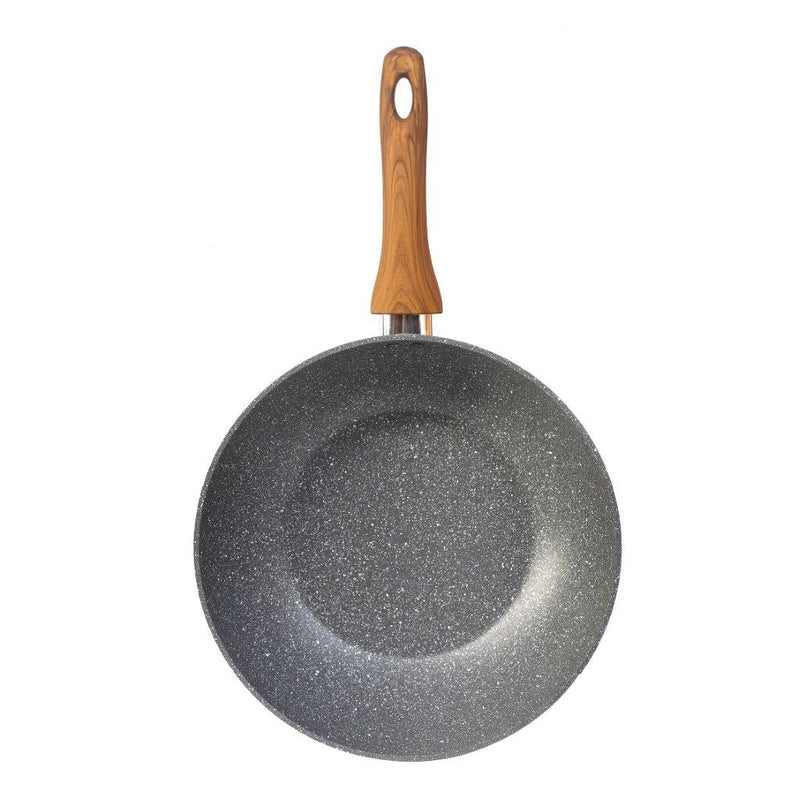 Grey Granite Non Stick Marble Coated Die Cast Forged Aluminium Wok Pan Induction Wooden Handle  24 cm