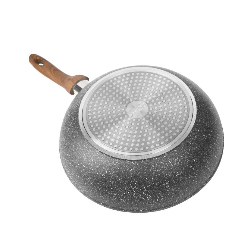 Grey Granite Non Stick Marble Coated Die Cast Forged Aluminium Wok Pan Induction Wooden Handle  24 cm