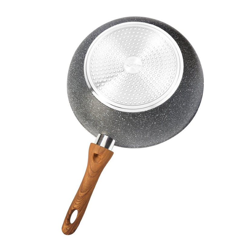 Grey Granite Non Stick Marble Coated Die Cast Forged Aluminium Wok Pan Induction Wooden Handle  24 cm