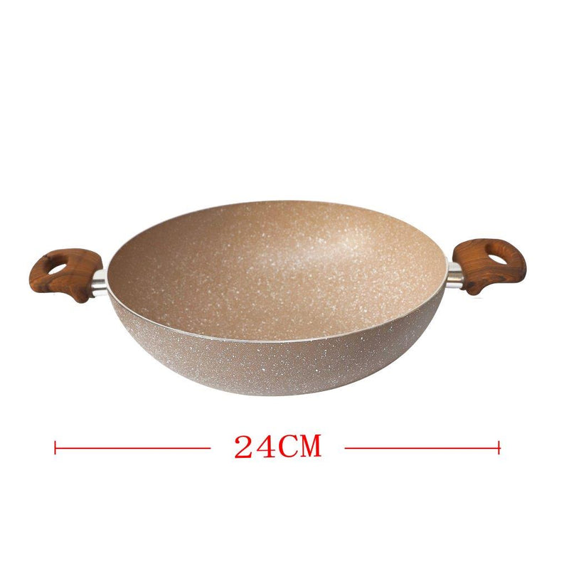 Beige Granite Non Stick Marble Coated Die Cast Forged Aluminium Kadahi Induction Wooden Handle  24 cm