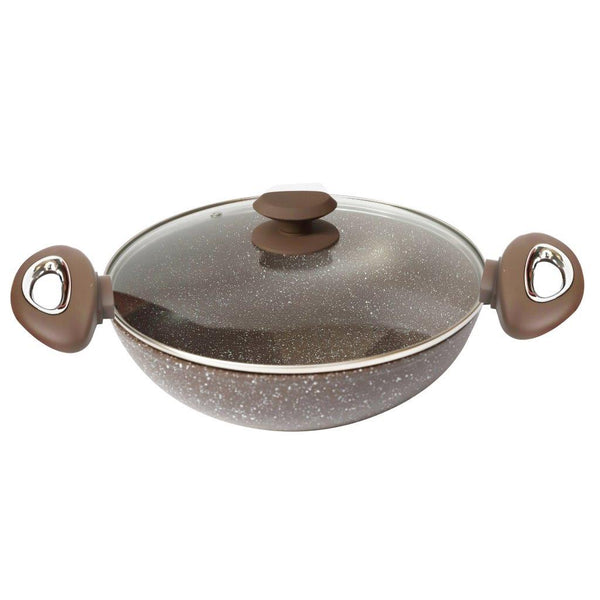 Beige Granite Non Stick Marble Coated Die Cast Forged Aluminium Kadahi with Lid Induction Wooden Handle  26 cm