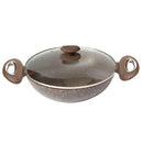 Beige Granite Non Stick Marble Coated Die Cast Forged Aluminium Kadahi with Lid Induction Wooden Handle  30 cm