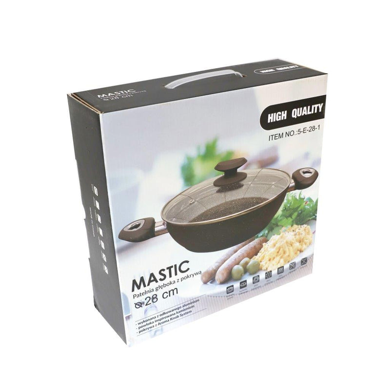 Beige Granite Non Stick Marble Coated Die Cast Forged Aluminium Kadahi with Lid Induction Wooden Handle  32 cm