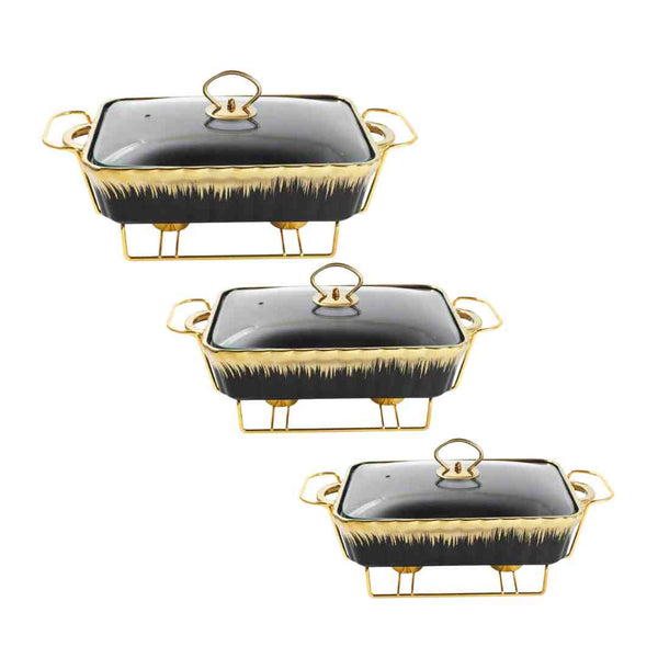 Rectangular Ceramic Chafing Dish Casserole Black with Golden Design Buffet Warmer with Glass Lid  - Classic Homeware & Gifts