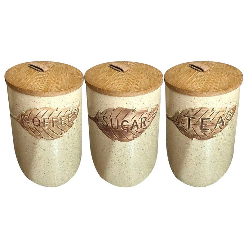 Ceramic Tea Coffee Sugar Airtight Canister Bamboo Lid Abstract Print Set of 3 Pcs 11*16 cm