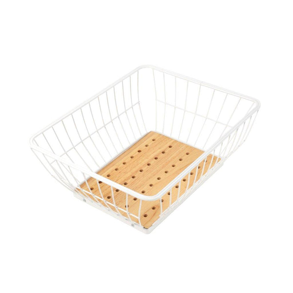 Deco White Metal Fruit Basket Fruit Bowl Wooden Base 32*26*12.1 cm