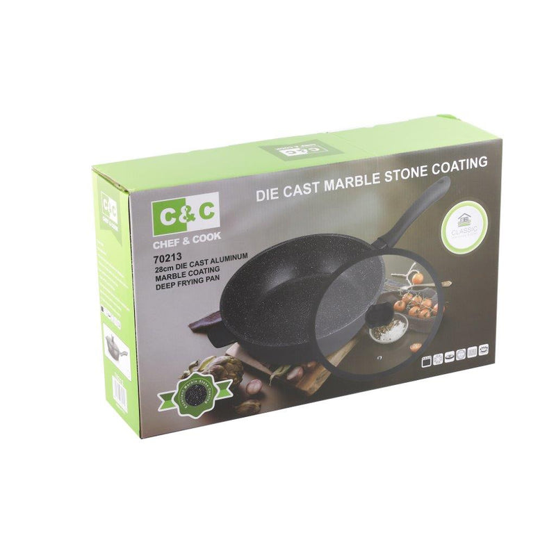 Chef and Cook Non Stick Frypan Wok Marble Coated Die Cast Aluminium Black Induction 28cm