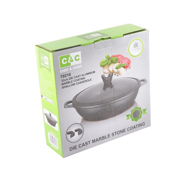 Chef and Cook Non Stick Low Casserole Marble Coated Die Cast Aluminium Grey Induction  32cm