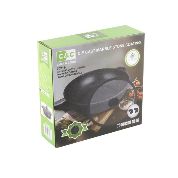 Chef and Cook Non Stick Low Casserole Marble Coated Die Cast Aluminium Black Induction  40cm