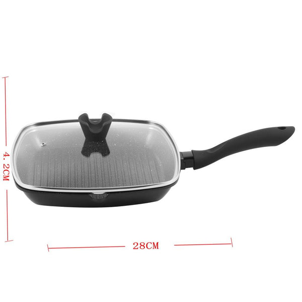 Chef and Cook Non Stick Grill Pan with Glass lid Marble Coated Die Cast Aluminium Black Induction 28cm