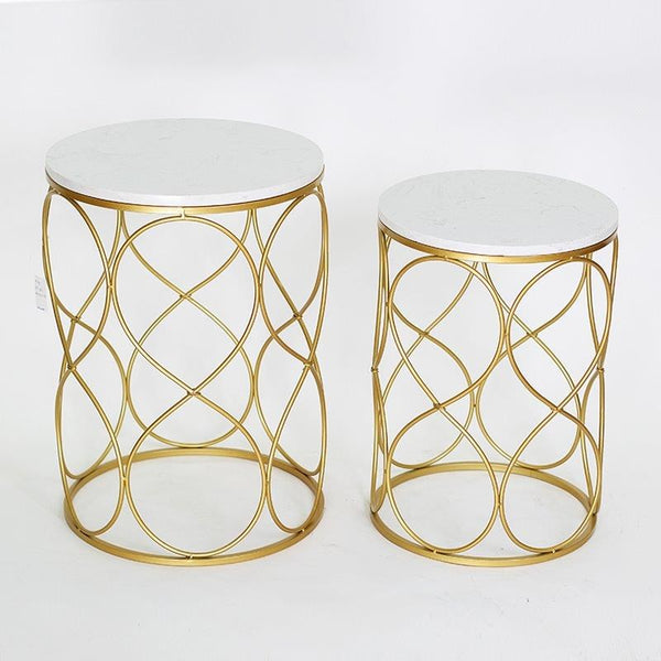 Metal Marbletop Abstract Design Round Side Table Set of 2 38*50/31.5*47 cm