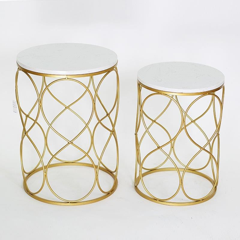 Metal Marbletop Abstract Design Round Side Table Set of 2 38*50/31.5*47 cm