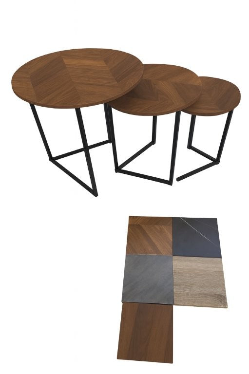 Round Metal Metal Accent Nesting Coffee Table Timber Pattern and Abstract Design Body Set of 3 Pcs 30*30*40/50*50*50/40*40*45