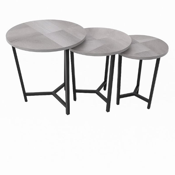 Round Metal Metal Accent Nesting Coffee Table Timber Pattern and Abstract Design Body Set of 3 Pcs