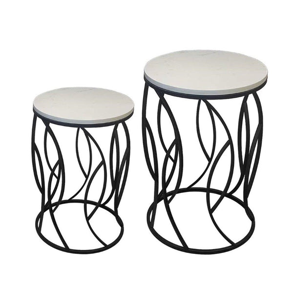 Metal Marbletop Abstract Design Round Side Table Set of 2 38*54/36*48 cm