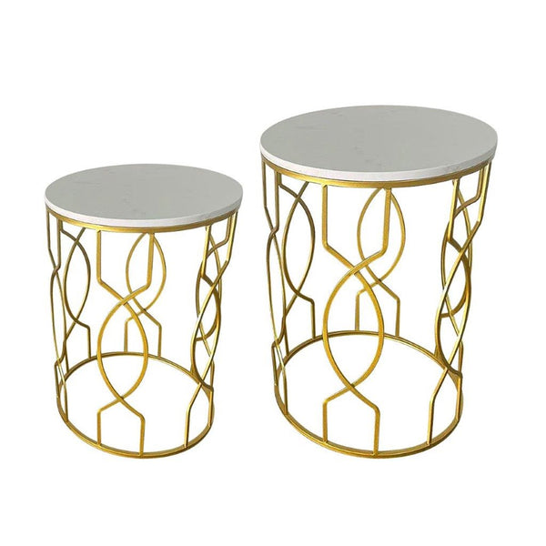 Metal Marbletop Abstract Design Round Side Table Set of 2 38*55/36*50 cm