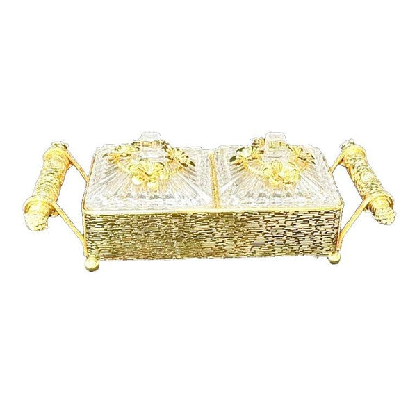 Engraved Deco Gold Candy Box Nuts and Chocolates Serving Tray 2 Compartments with Lid   30*16 cm
