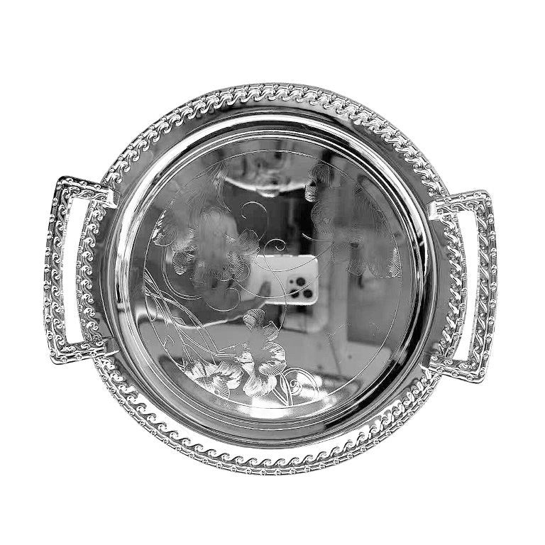 Deco Silver Metal Round Serving Tray Set of 2 with Handle 35*35/29*29 cm