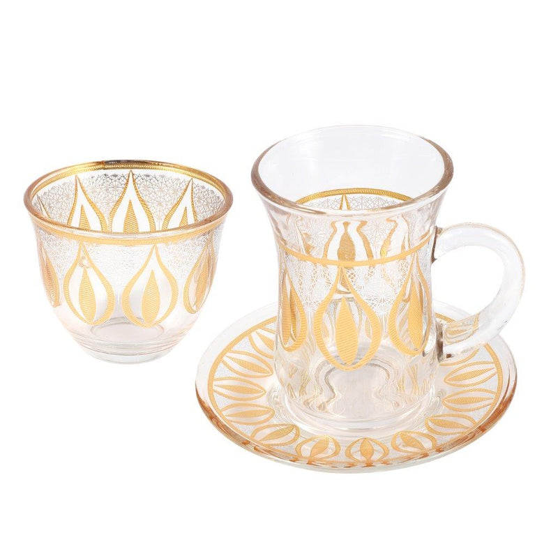 Moroccan Design Glass Tea Cups and Saucer Set of 24 Pcs 11/6*5/6.5*9 cm