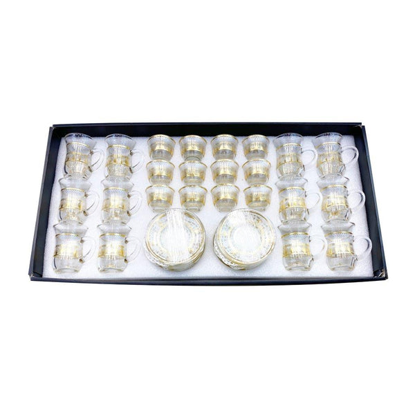 Moroccan Design Gold Drinking Glass Tea Cups and Saucer Set of 24 Pcs 11/6*5/6.5*9 cm **