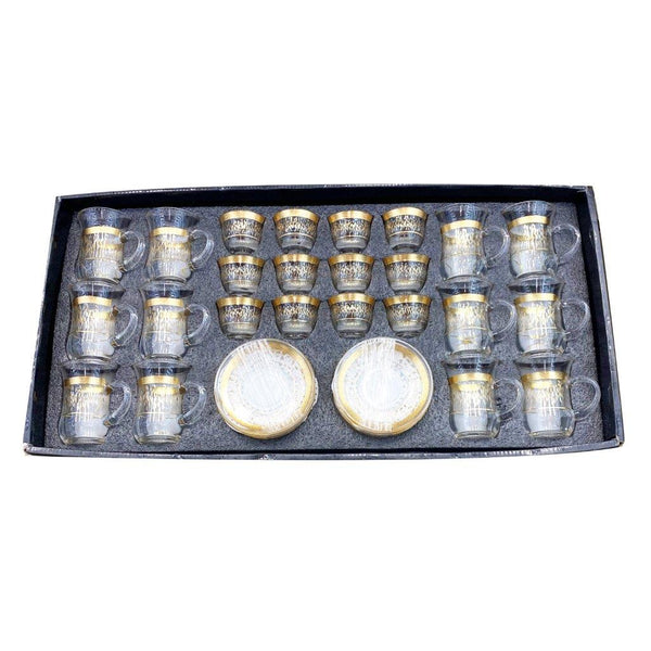 Moroccan Design Gold Drinking Glass Tea Cups and Saucer Set of 24 Pcs 11/6*5/6.5*9 cm **