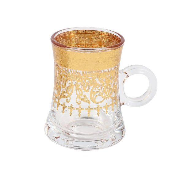 Moroccan Design Gold Drinking Glass Tea Cups and Saucer Set of 6 Pcs 11/5.5*8 cm **