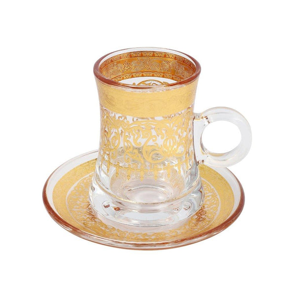 Moroccan Design Gold Drinking Glass Tea Cups and Saucer Set of 6 Pcs 11/5.5*8 cm **