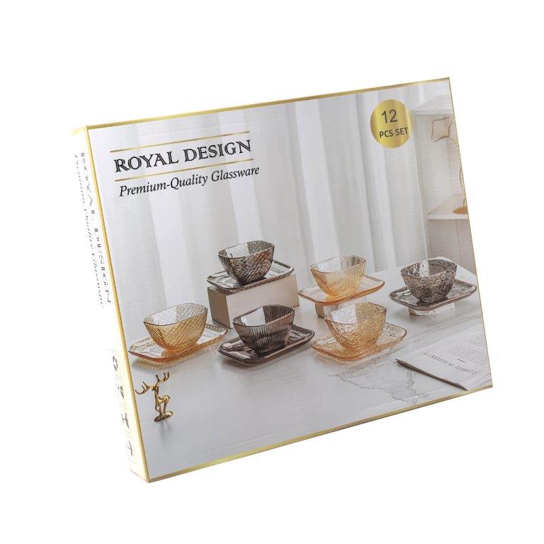 Crystal Glass Ice Cream and Dessert Bowl with Saucer Set of 12 Pcs 10*6.5/15.5*1.5 cm