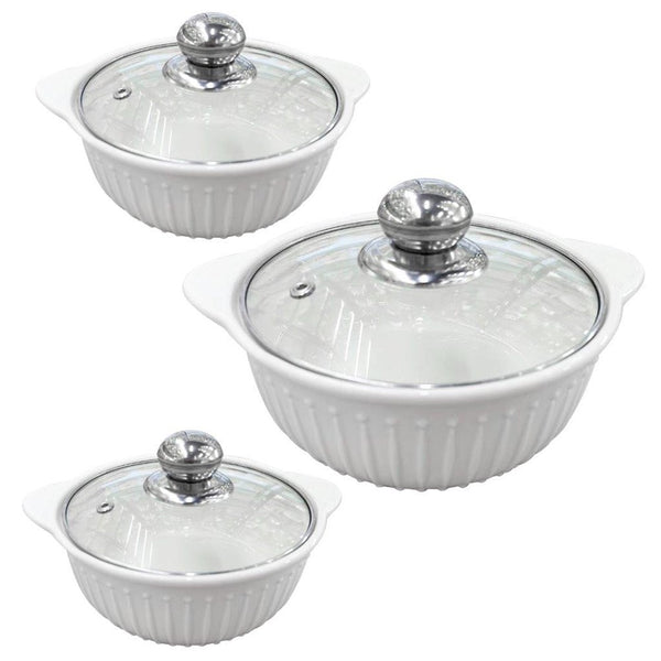 White Ceramic Gold Rim Bowl Fine Porcelain Casserole Set of 3 Pcs 7''+8''+9''