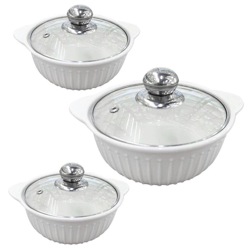 White Ceramic Gold Rim Bowl Fine Porcelain Casserole Set of 3 Pcs 7''+8''+9''