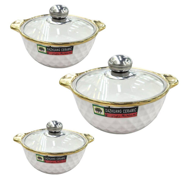 White Ceramic Gold Rim Bowl Fine Porcelain Casserole Set of 3 Pcs 7''+8''+9''