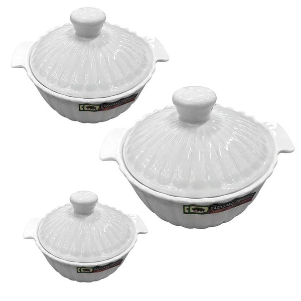 White Ceramic Plain Rim Bowl Fine Porcelain Casserole Set of 3 Pcs 8.5''+10''+12''