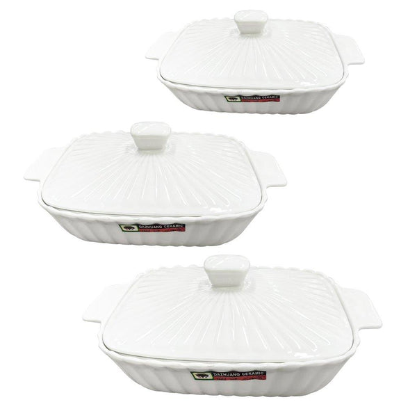 White Ceramic Plain Rim Bowl Fine Porcelain Casserole Set of 3 Pcs 11.5+12.5+13.5''
