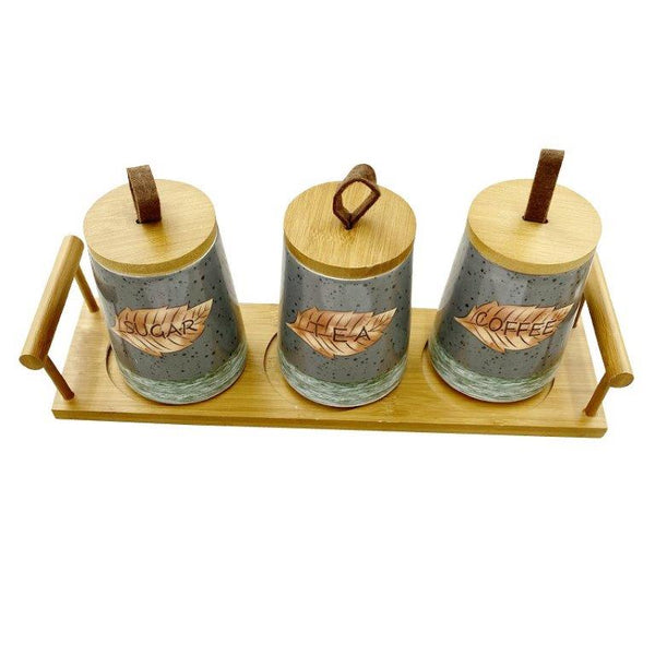 Ceramic Tea Coffee Sugar Canister Set of 3 Pcs with Tray 13*8.5*10.5 cm