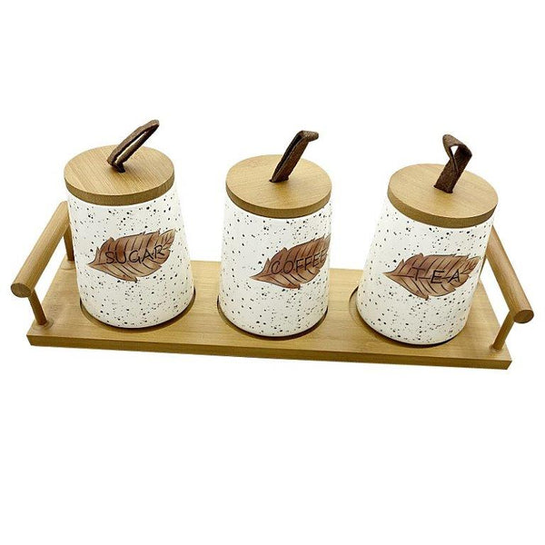 Ceramic Tea Coffee Sugar Canister Set of 3 Pcs with Tray 13*8.5*10.5 cm