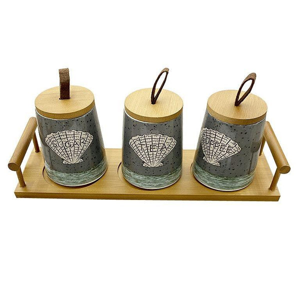 Ceramic Tea Coffee Sugar Canister Set of 3 Pcs with Tray 13*8.5*10.5 cm