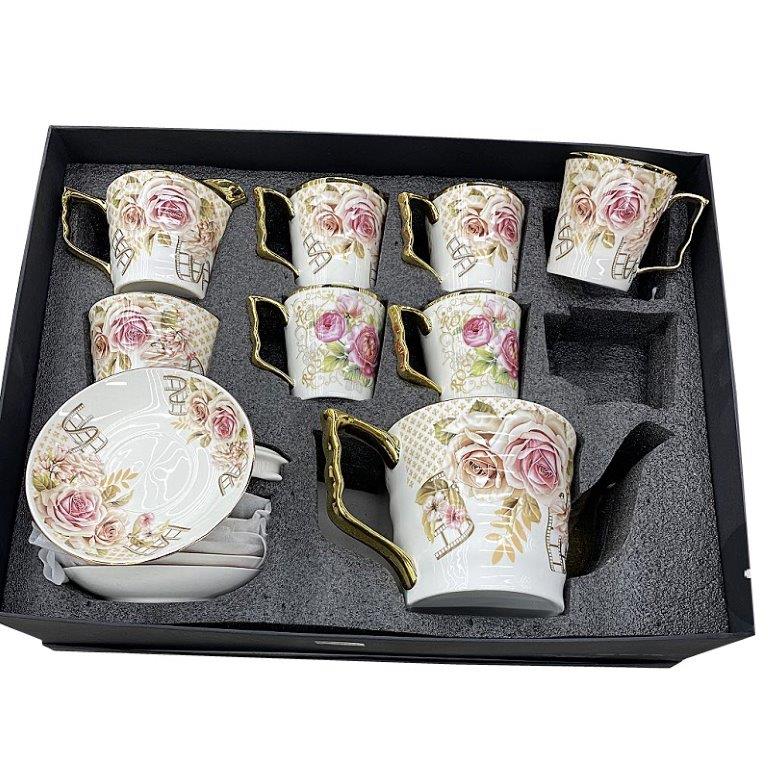 Ceramic Tea Cups and Saucer Set of 17 Pcs Floral Pattern 17pcsï¼ˆ7.5*7.5/13.5 cmï¼‰