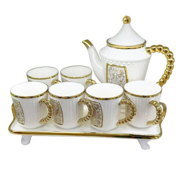 Ceramic Tea Cups with Kettle and Tray Set of 8 Pcs Abstract Print 8pcsï¼ˆ8.5*9.5/10*24 cmï¼‰
