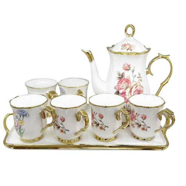 Ceramic Tea Cups with Kettle and Tray Set of 8 Pcs Abstract Print 8pcsï¼ˆ8*9/10*25 cmï¼‰