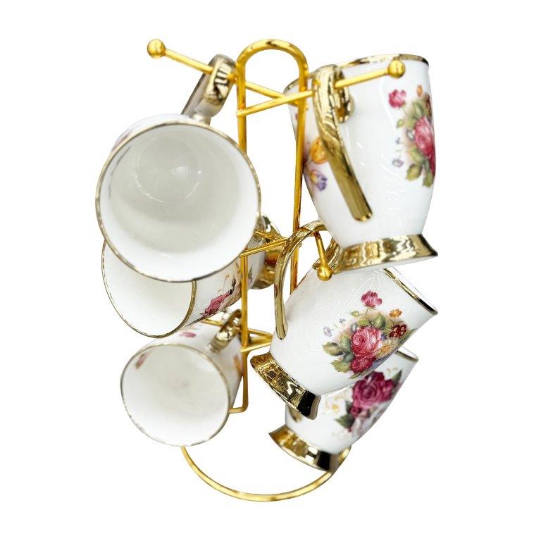 Ceramic Coffee Mug Set of 6 Pcs with Stand Floral Pattern shelf39 cm /8.5*10.5 cm
