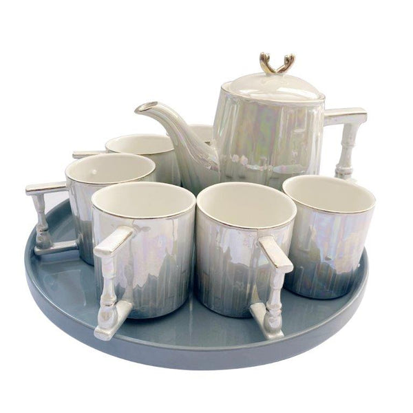 Ceramic Tea Cup with Kettle and Serving Tray Set of 8 Pcs ** 7.5*8/19*9.5/30.5*4.5 cm