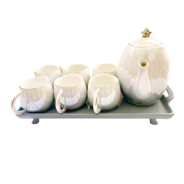 Ceramic Tea Cup with Kettle and Serving Tray Set of 8 Pcs ** 9*7.5/9.5*23.5/30.5*4.5cm