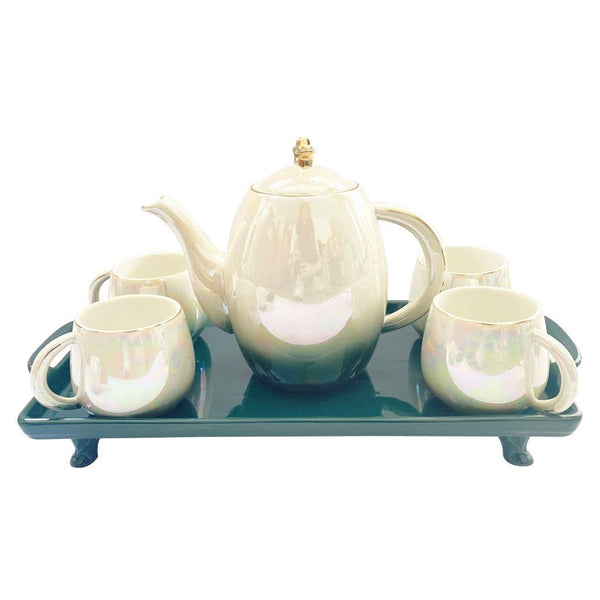 Ceramic Tea Cup with Kettle and Serving Tray Set of 8 Pcs ** 9*7.5/9.5*23.5/30.5*4.5cm