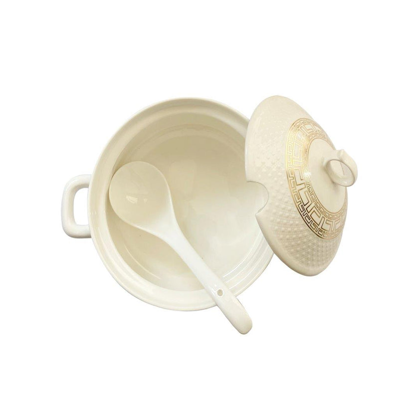 White & Gold Ceramic Soup Tureen Casserole Dish Bowl Set of 6